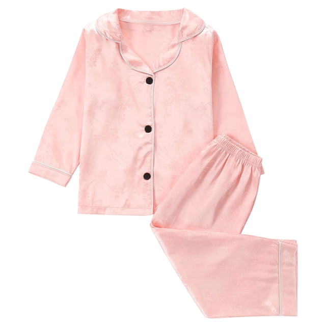 Odeerbi 1-8 Años Niños Niñas Pijama de Satén Con Solapa Entallada Camisa de Manga Larga Conjunto de Pantalones Suave Ropa de Dormir de Dos Piezas Pijama de Dos Piezas