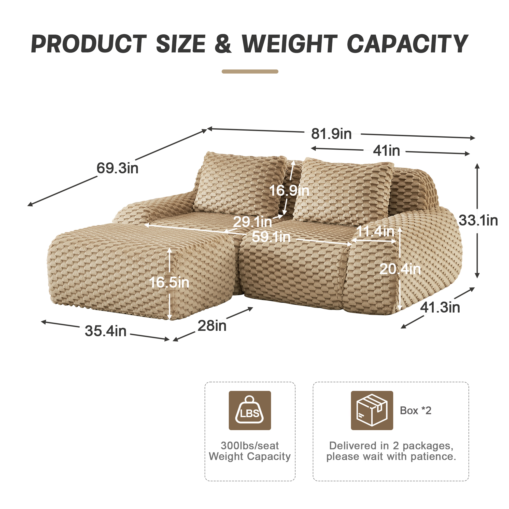 Alvantor 82" Cloud Modular Sectional Sofa Loveseat with Movable Ottoman, Deep Seat Flannelette Boneless Couch for Living Room Bedroom Light Camel