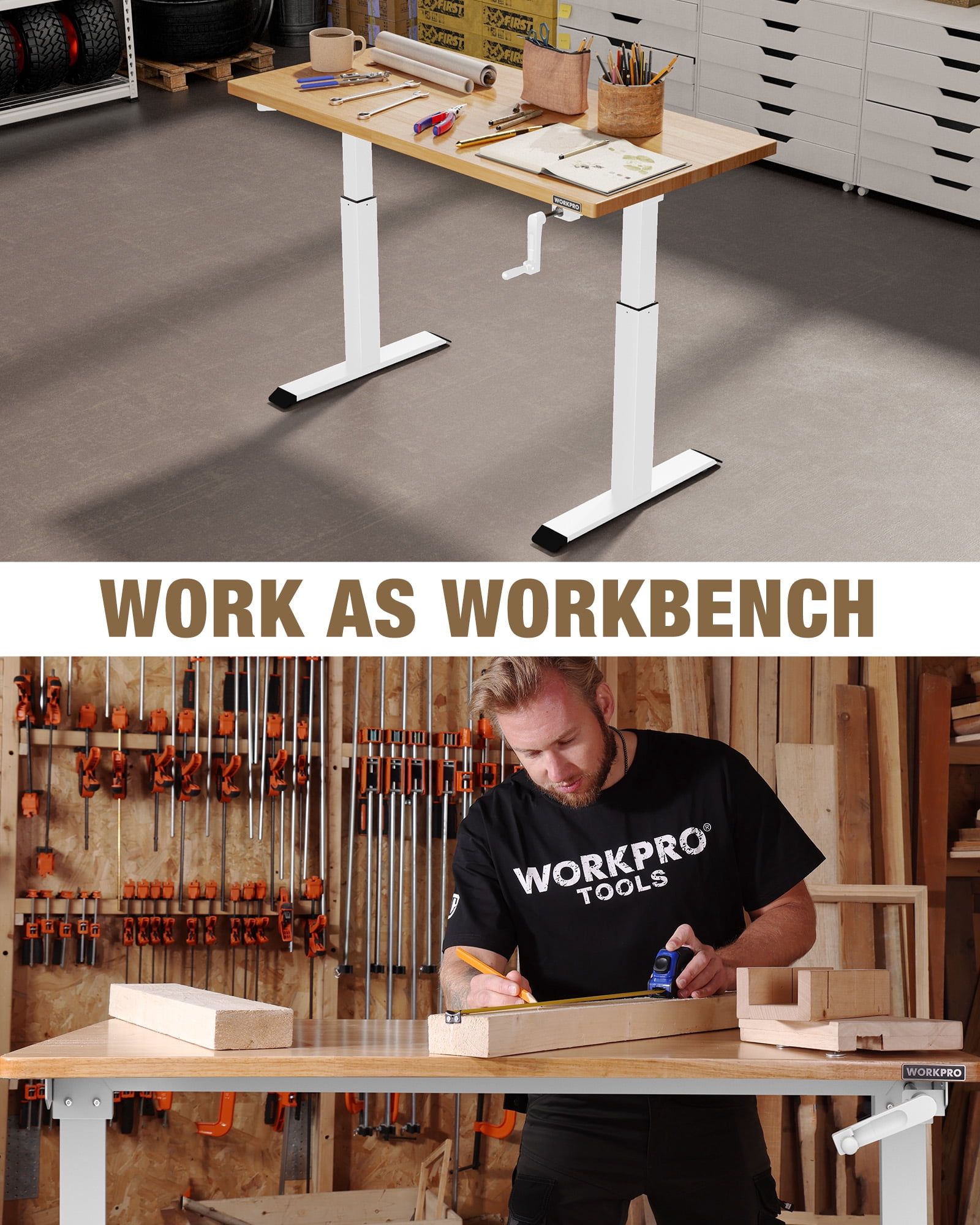 WORKPRO 300 lbs Height Adjustable Workbench with Crank Handle, 47.2"x 23.6" Rubberwood Work Table, Comfortable Standing Desk for Home Workshop Office, White