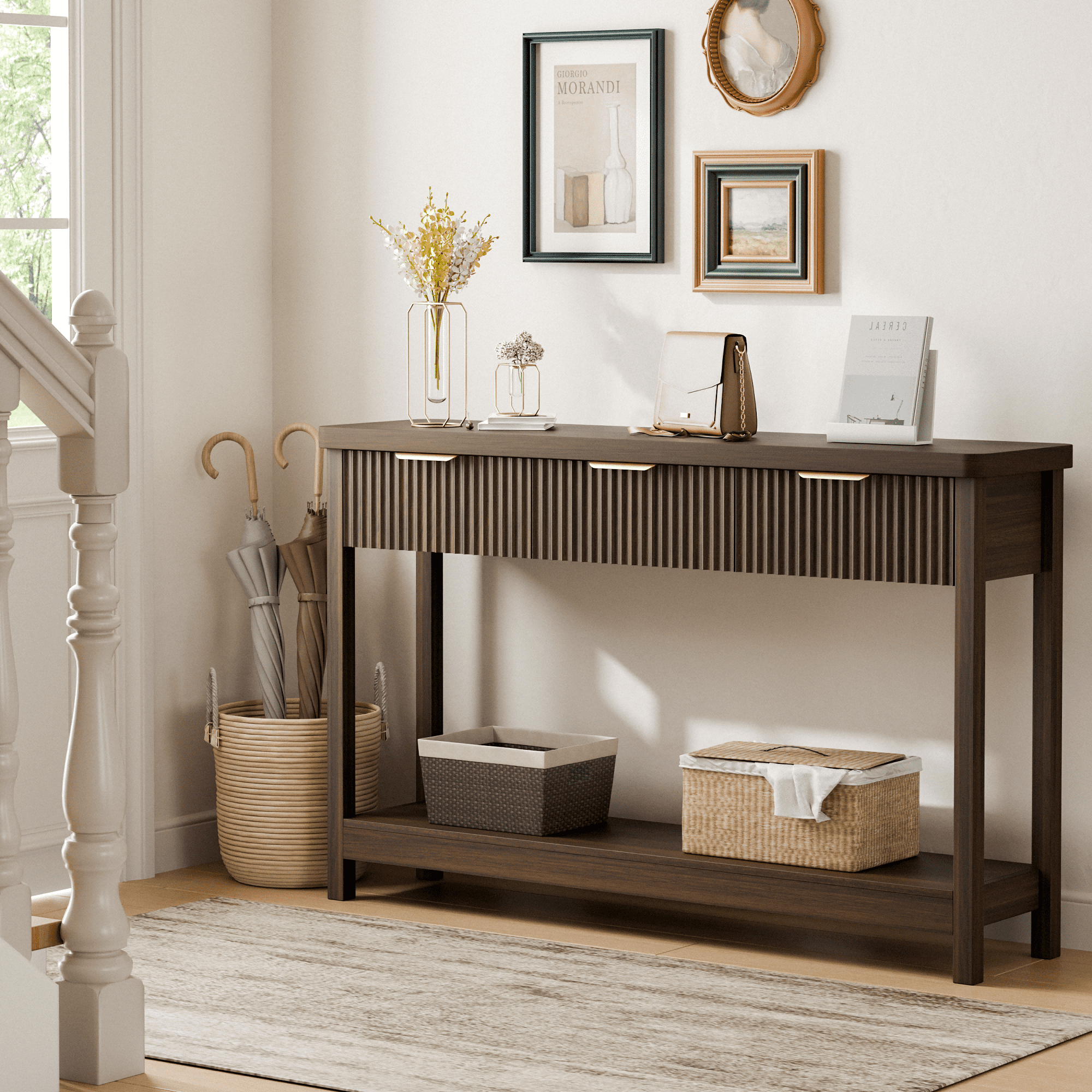 Laintene Fluted Console Table, 51" Narrow Entryway Table with 3 Drawers, Entry Sofa Table Behind Couch with Open Storage Shelf, Modern Display Shelf for Living Room Hallway, Walnut