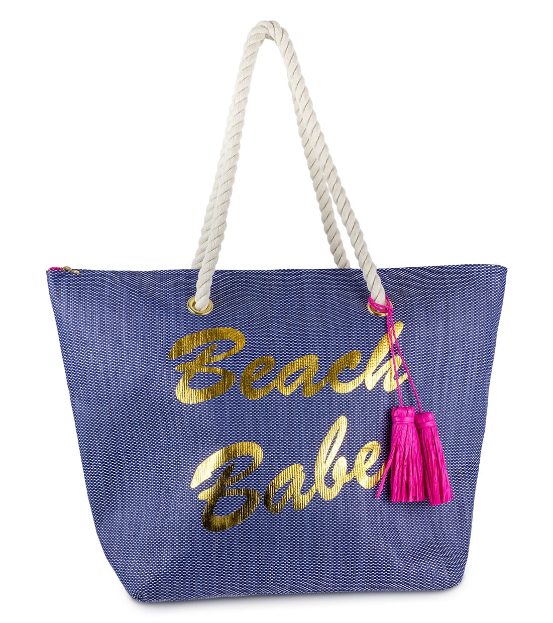 WOMEN'S BEACH BABE STRAW BEACH TOTE BAG WITH TASSEL AND ROSE HANDLE ...
