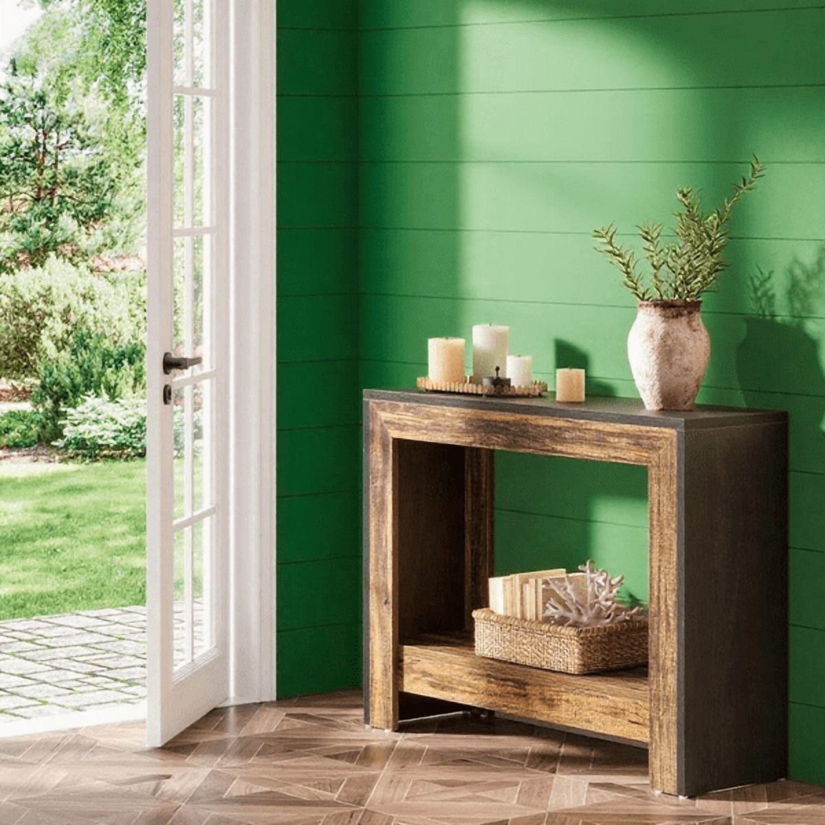 41.3" Farmhouse Console Table - Black Finish with Brown Accents, E1 Particleboard, Open Lower Shelf, Versatile for Entryway, Hallway, Living Room, Behind Couch