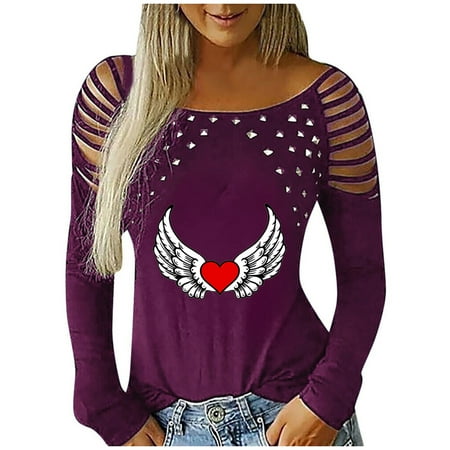 

Juebong Women Valentines Day Pullover Sweatshirts Hollow Out Long Sleeve Love Heart Sweater Crewneck Hot Drilling Fall Tops T-Shirts Purple shirts for women S