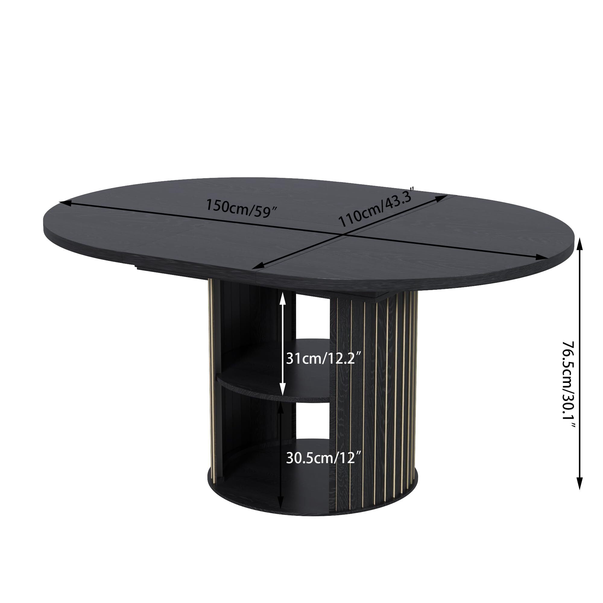 Fsbecl 43.3"-59" Extendable Wooden Round Dining Table for 4-6 with 2-Tier Storage Shelf, Black