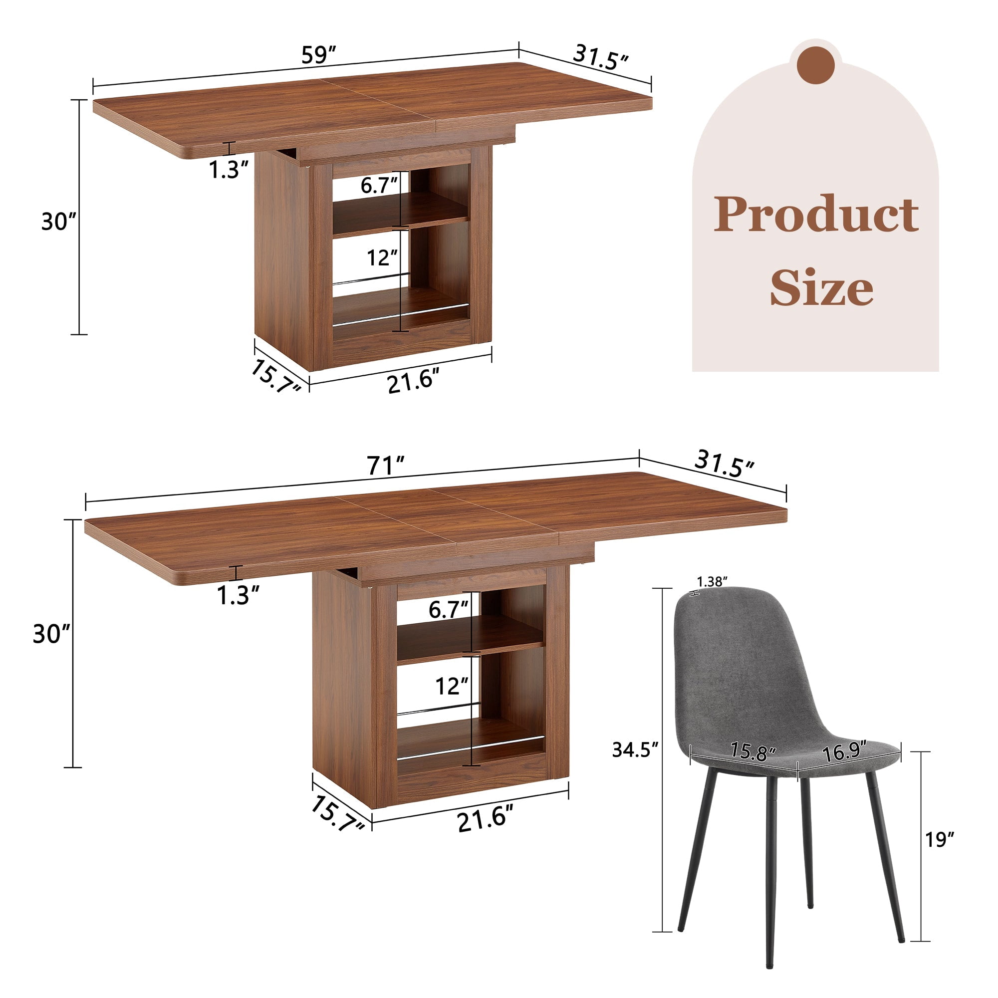 Sailvan Expandable Dining Table Chair Set, 59-71 Inch Pull-Out MDF Table with Linen-Cotton Chairs