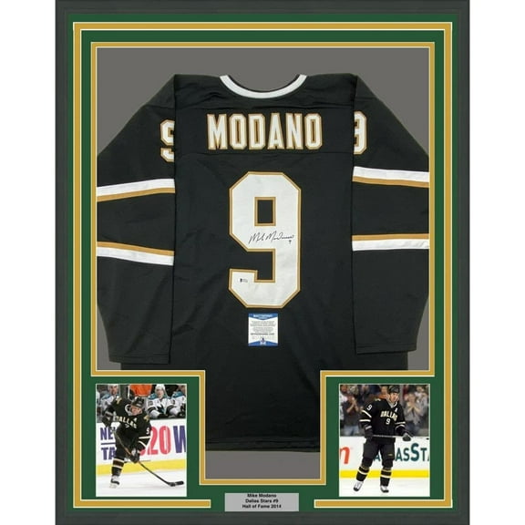 Framed Autographed/Signed Mike Modano 35x39 Dallas Black Hockey Jersey Beckett BAS COA