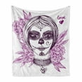 thumbnail image 1 of Day of the Dead Soft Flannel Fleece Throw Blanket, Illustration Gothic Vampire Like Face Skull Flowers Image, Cozy Plush for Indoor and Outdoor Use, 60" x 80", Violet Purple and White, by Ambesonne, 1 of 6
