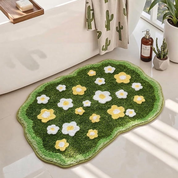 Green Floral Moss Bath Mat Cute Rug Bathroom Tufted Rugs Non Slip Absorbent Washable Grass For Livingroom.kidsroom Home Decor 31'' X 21''