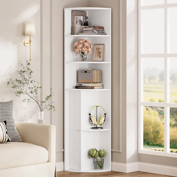 White Corner Bookshelf with Door, 5-Tier Freestanding Storage Shelf for