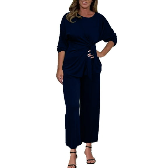 YUGYXL 2 Piece Outfits for Women Elegant Ruched Tie Side Blouse Straight Pants Long Sleeve Business Casual Suits Dark Blue XXL