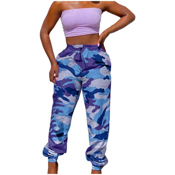 qolati Women's Cargo Pants Y2k Camouflage Printed Elastic Waistband Jogging Sweatpants Casual Loose High Waist Tapered Hip Hop Trousers