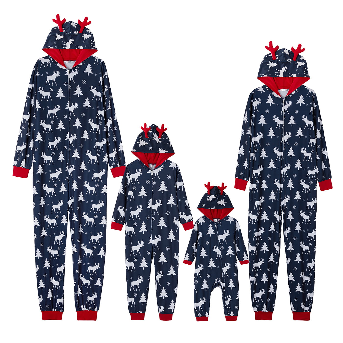 PatPat Blue Mosaic Family Matching Moose Print Christmas Hooded Onesies Pajamas (Flame Resistant),Unisex,Sizes Baby-Kids-Adult,2-Piece