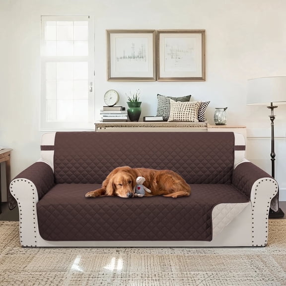 Luxshare Home Reversible Sofa Cover, Pet Friendly, Machine Washable, Water Repellent, with Elastic Straps & Foam Rods, 3-Seat, Chocolate/Beige