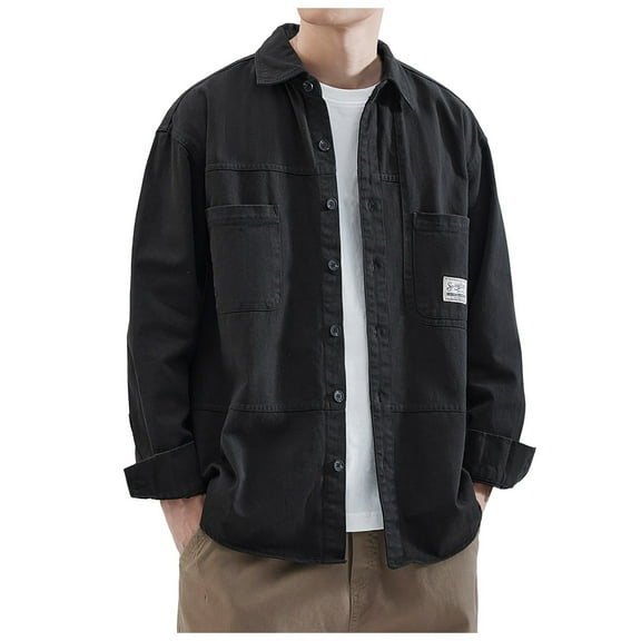 kamemir Mens Dress Shirts Long Sleeve Men's Work Shirt Jacket Men's Spring And Autumn Japanese Loose Casual Long Sleeved Shirt For Men(Black,4XL)
