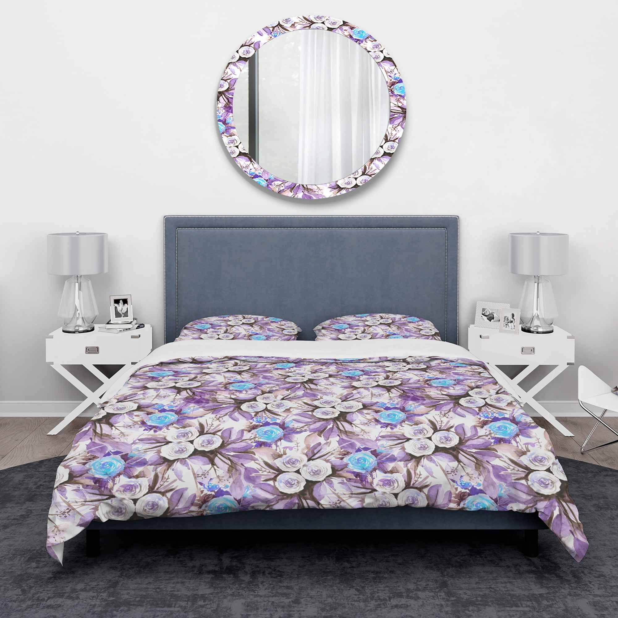 Designart 'Purple Blue and White in Vintage Flower' Traditional Duvet Cover Set