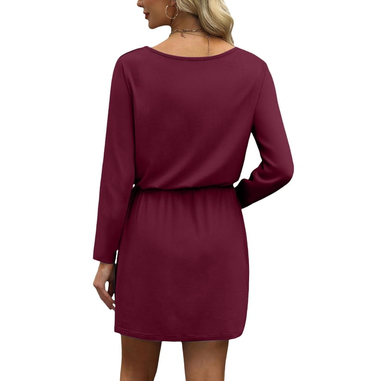 Women Long Sleeve Tops T-Shirt Dresses Round Neck Casual A-Line Loose Swing  Vocation Fall Winter Dress with Pockets Dark Purple 2XL - Walmart.com