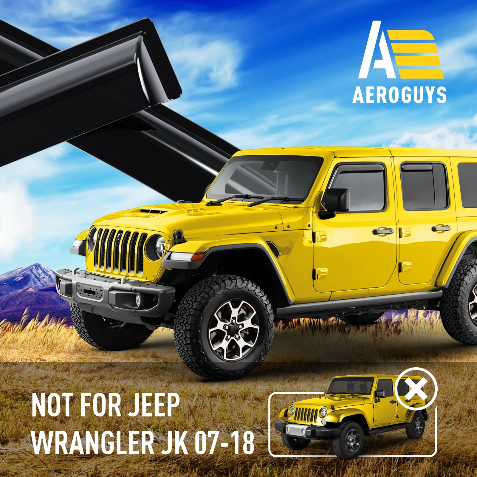 AEROGUYS Tape-On Window Deflectors Extra Durable Window Visors Rain Guards Fit for Jeep Wrangler 2018-2026 JL/Gladiator 2020-2026,Sun Visors, Wind Deflectors,Vent Visors,Car Accessories - 4pcs AG0085