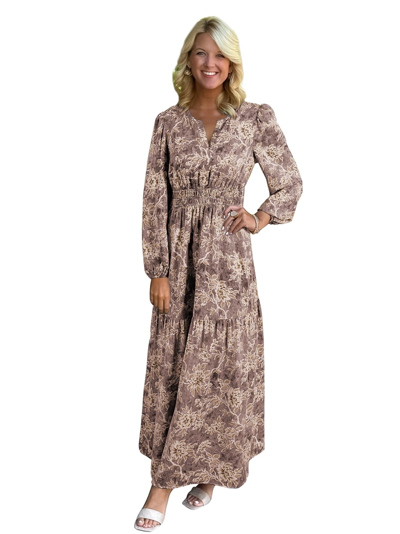 brown smocked maxi dress Brown Floral Smocked Puff Sleeve Maxi Dress  PinkBlush