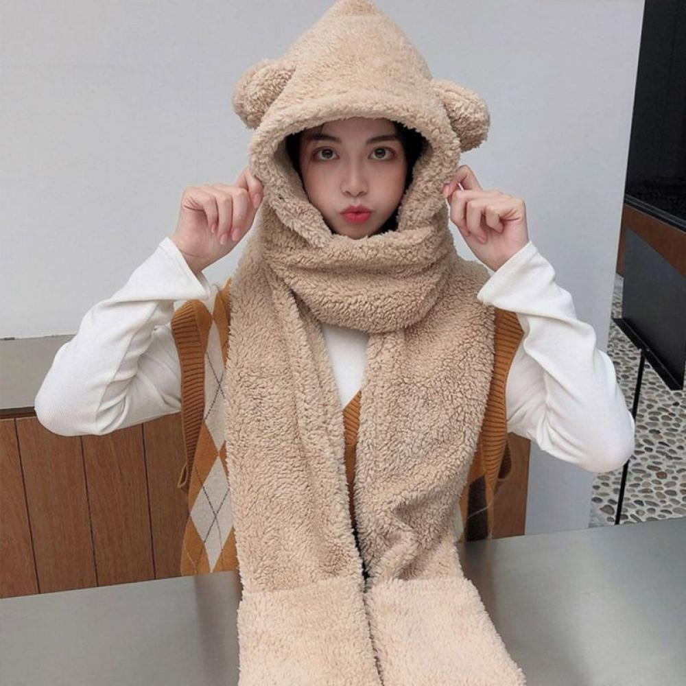 Winter Hooded Hat Warm Women's Cartoon Animal Cute Hoodie Cap Gloves Scarf 