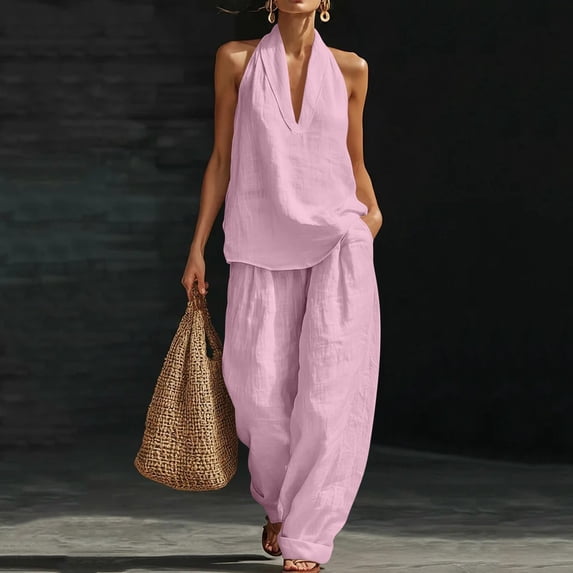 mihongmao Airport Outfits for Women Club Sets Women's Sleeveless Top + Elastic Waist Pocket Pants Two-Piece Set Pink 2X