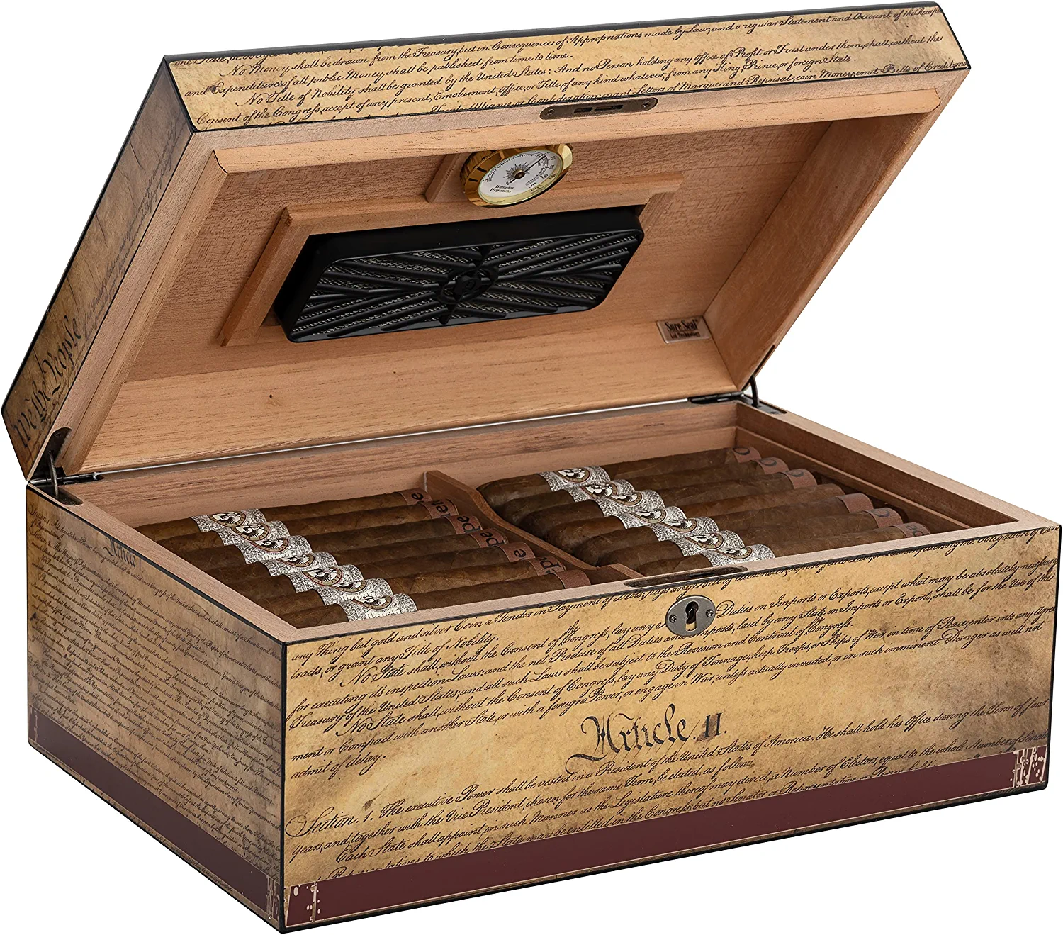 Humidor Supreme Constitution, Cigar Humidor Honoring The Supreme Law, Spanish Cedar Tray, 3 Dividers, Holds up to 100 Cigars