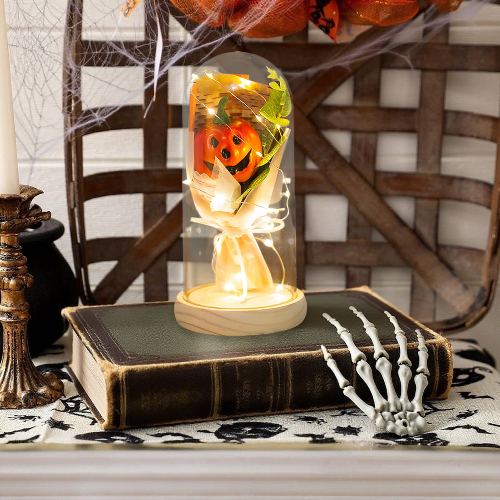 Veilleuse Halloween Citrouille Cloche Verre – LED, Piles, Décoration Effrayante, Ambiance Festivités