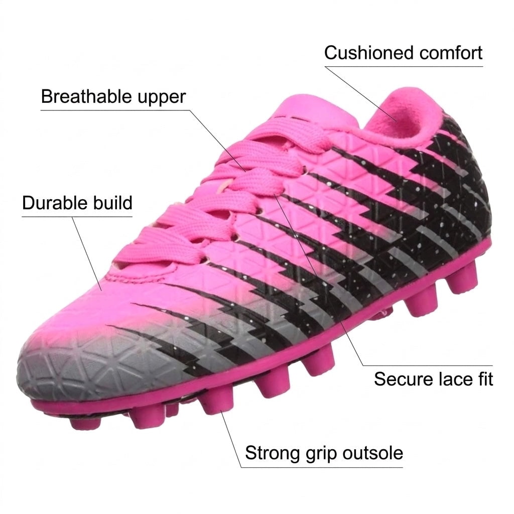 Vizari Bolt Firm Ground Soccer Cleats for Kids – Durable, Comfortable, and Stylish Boys and Girls Soccer Shoes with Traction - Pink/Black/Silver, 3