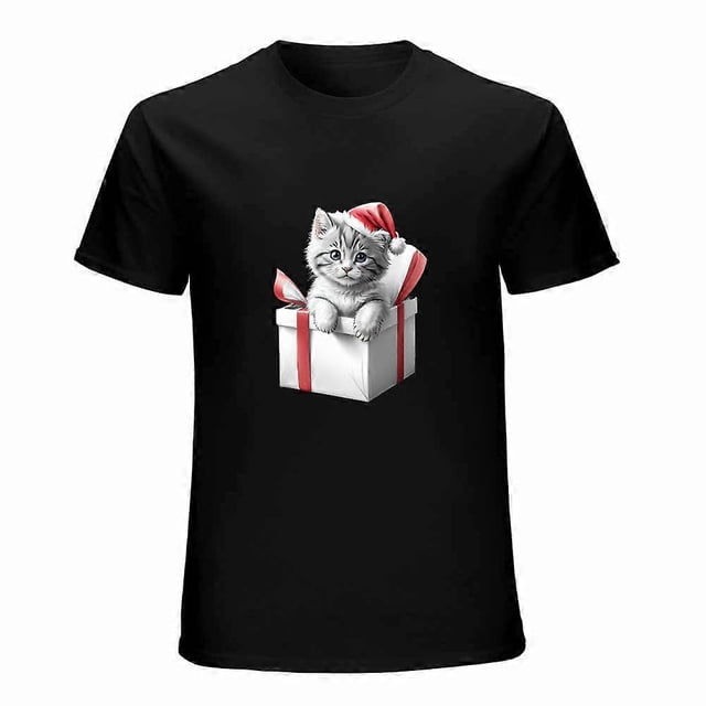 Christmas Kitten Gift Box Cat T-shirt for Women Cat Lover Short Sleeve Vintage Holidays Joyful Cat Tee Top