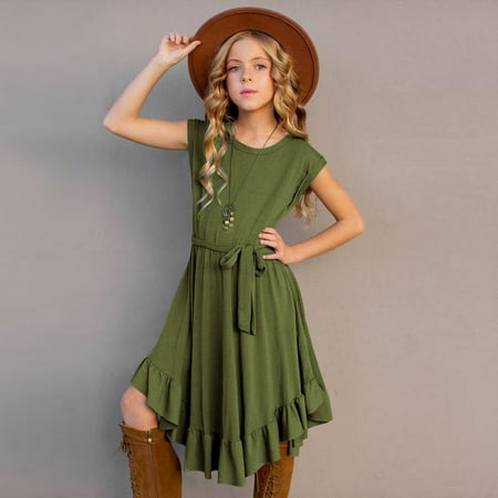 

Girls A-Line Dress Hem Ruffle Trim Swing Long Maxi Dress with Belt
