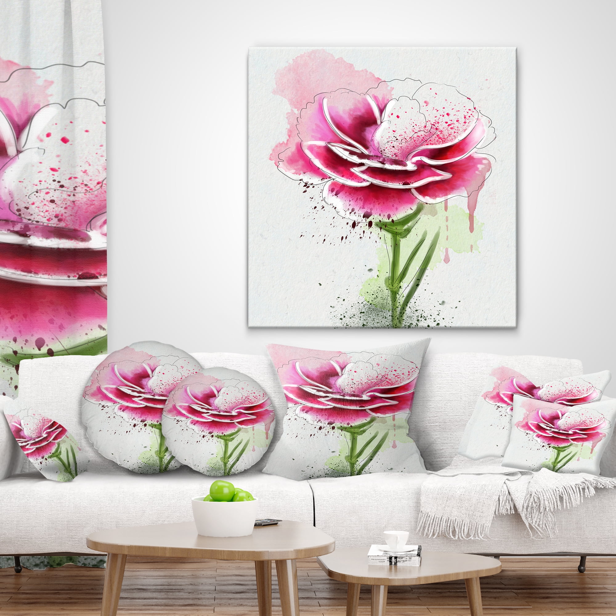 Designart Pink Hand drawn Watercolor Flower - Floral Throw Pillow - 12x20