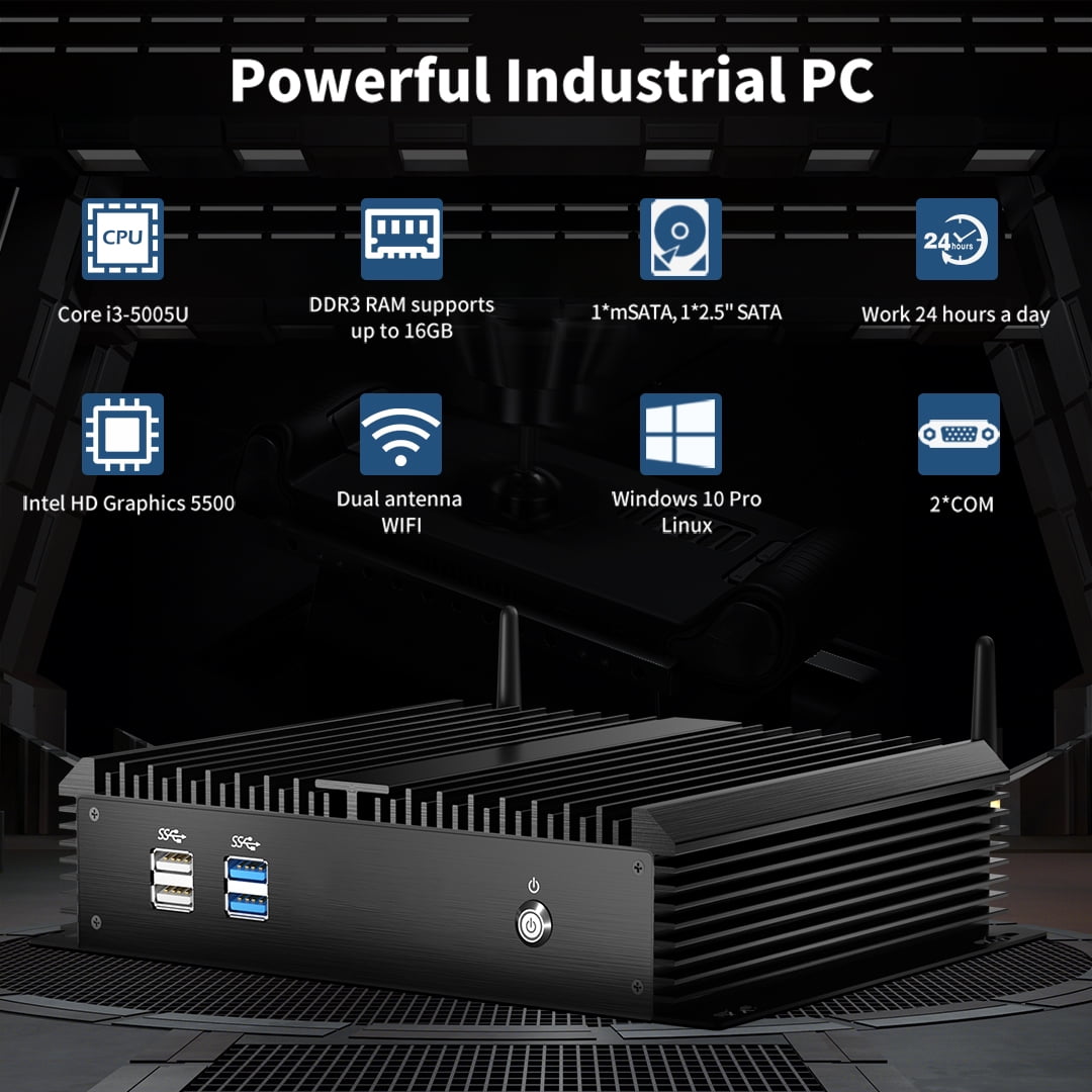 Fanless Mini Industrial PC, Desktop Computer Core i3-5005U Windows 10 Pro, 8GB RAM 128GB SSD, 2xNICs, 2*COM RS232, 4xUSB3.0, Dula-Band WiFi, HDMI/VGA Ports, Gigabit LAN, Auto Power On