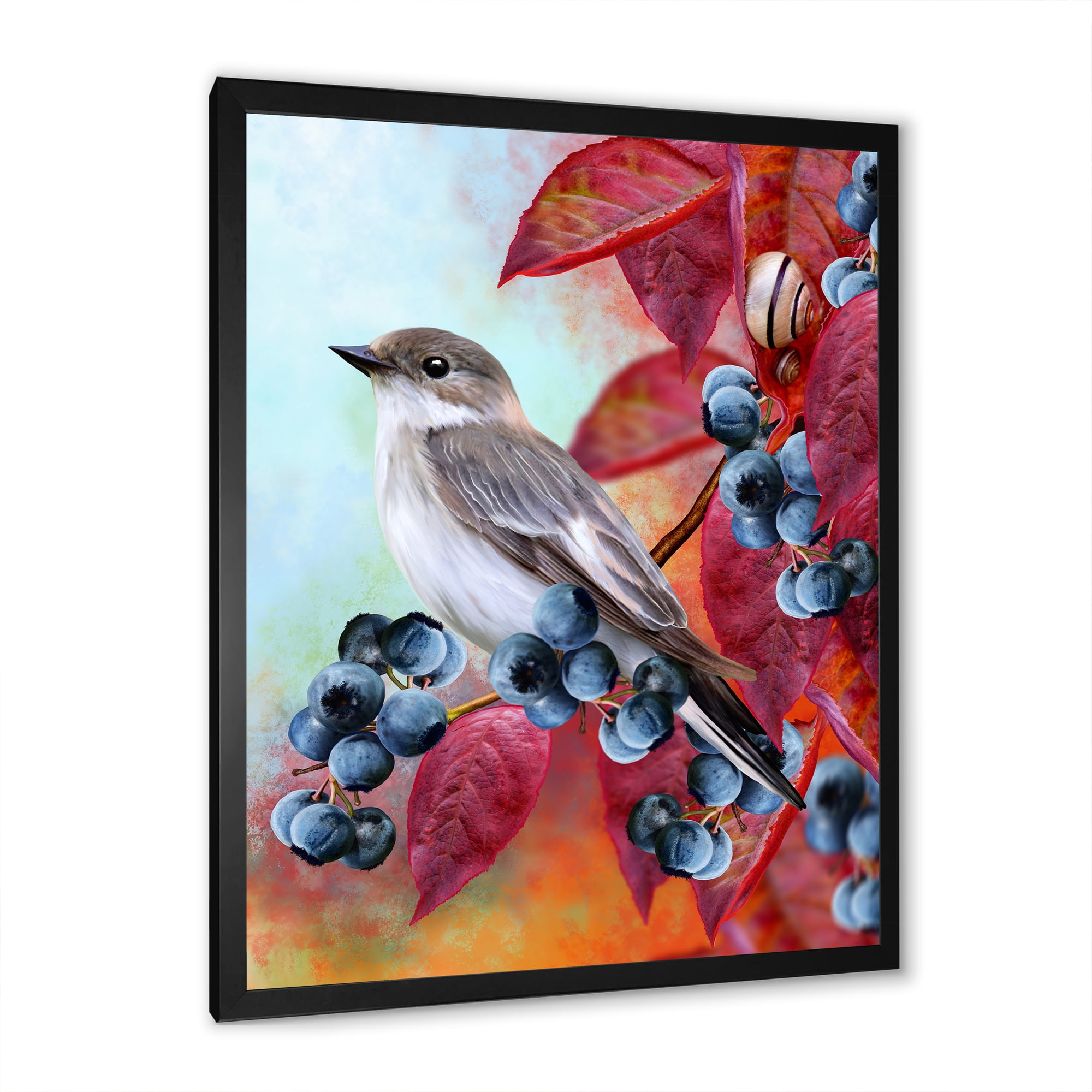 Designart 'Close Up Little Gray Bird On Red Autumn On Blueberry Twig' Traditional Framed Art Print