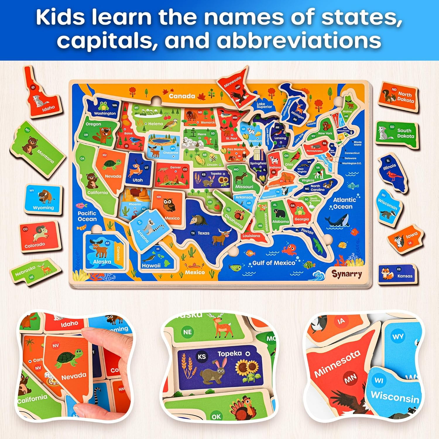 SYNARRY Wooden Puzzles for Kids Ages 3-8, USA, World Map & Solar System Jigsaw Puzzle Set, Wood Jigsaw Puzzles Educational Games Toys Gifts for Boys Girls