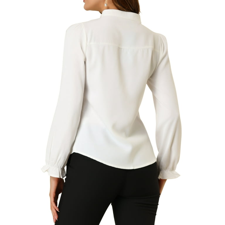 Allegra K Women's Ruffled Trim Button Down Stand Collar Long Allegra K Women's Ruffled Trim Button Down Stand Collar Long