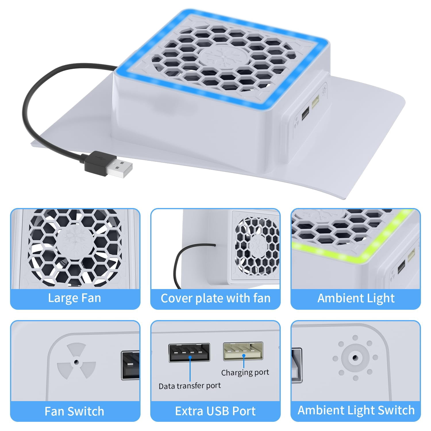 GAEKOL PS5 Slim Cooling Fan with PS5 Slim Plate Cover for Playstation 5, PS5 Slim Accessories with Adjustable Cooler Fan RGB LED Lights and 2 USB HUB for PS5 Slim Digital and Disc