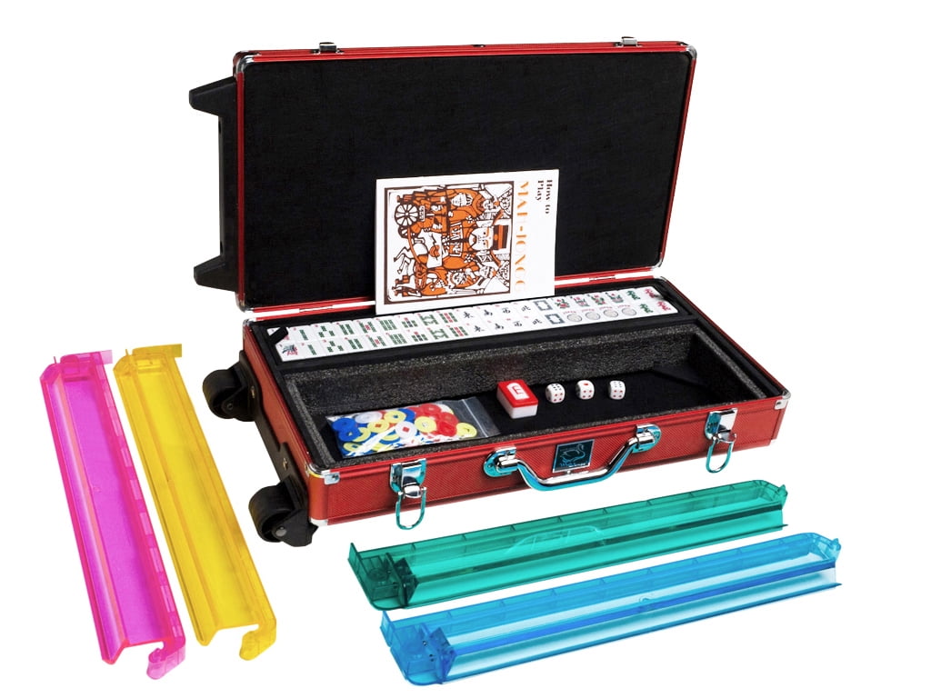 White Swan American Mahjong Set in Wheeled Red Case - Ivory Tiles - Modern Pushers
