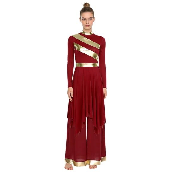 SiiRoh Womens Worship Praise Dance Outfit Long Sleeve Liturgical Lyrical Tunic Dress with Wide Leg Pants Suit Burgundy S
