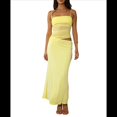 thumbnail image 1 of Conjunto de Dos Piezas para Mujer: Conjunto de Vacaciones de Verano, Sin Mangas, de Asimétrica, Top Corto y Faldas Largas. Amarillo L, 1 of 9