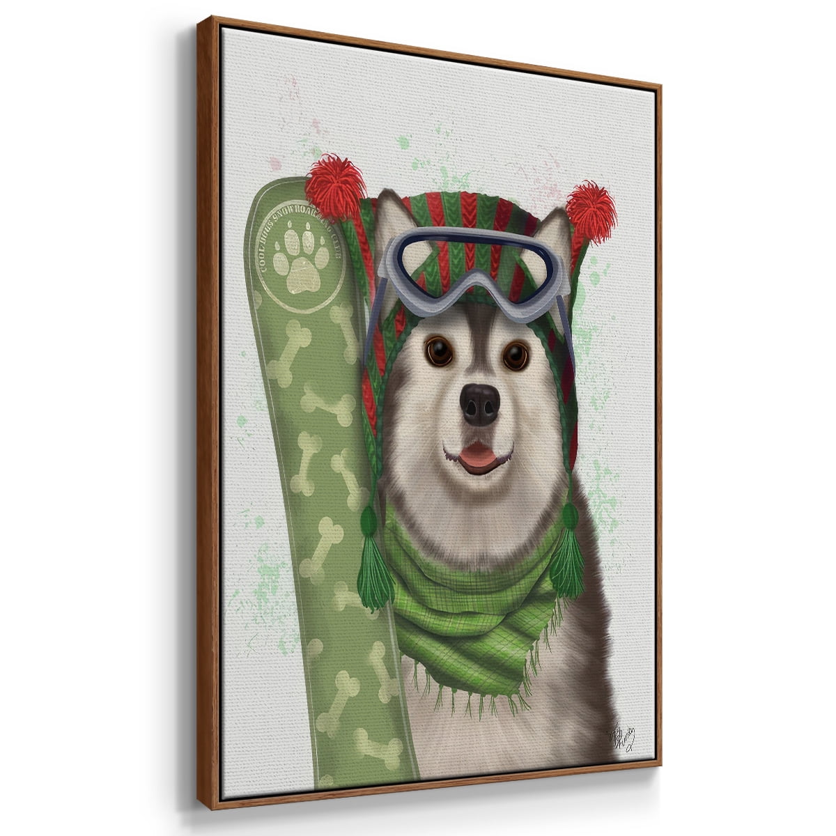 Christmas Husky Snowboard - Framed Gallery Wrapped Holiday Canvas - 27 x 41 - Rosewood Frame