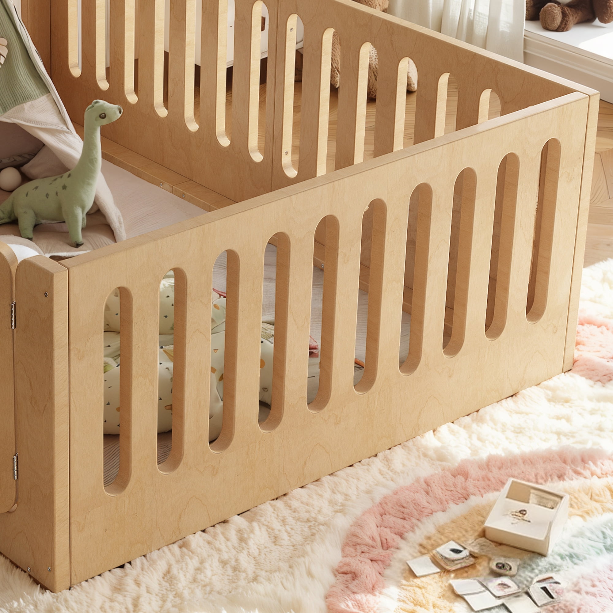 Floor Bed with Safety Rails and Door, Full Solid Wood Platform Bed and Montessori Style Bed Frame for Bedroom, Natural