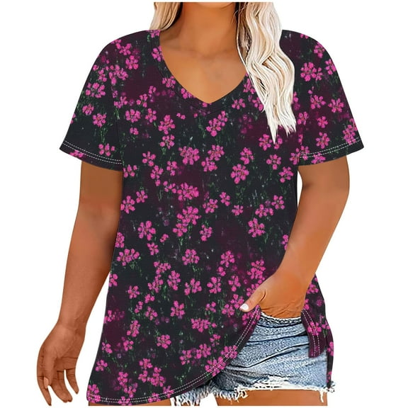 Women's T-Shirts Oversized Cute Floral Printing Short Sleeve Shirt Casual Gradient Color Blouses Top V-Neck Summer Loose Breathable Plus Size Pullover Tops Print 01 5XL