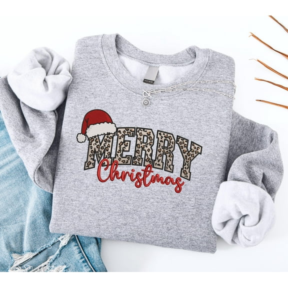 Embroidered Merry Christmas Leopard Sweatshirt, Merry Christmas with Santa Hat Shirt, Christmas Season Shirt, Trendy Christmas Shirt