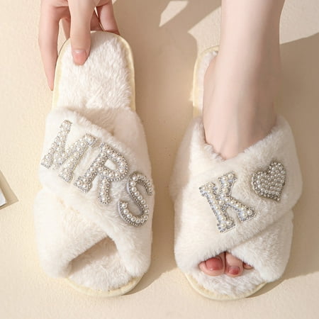 

Women s Fuzzy Cross Slippers Bride Wedding Slippers Gift Open Toe House Slipper Bedroom Shoe Indoor Outdoor (Letter J)