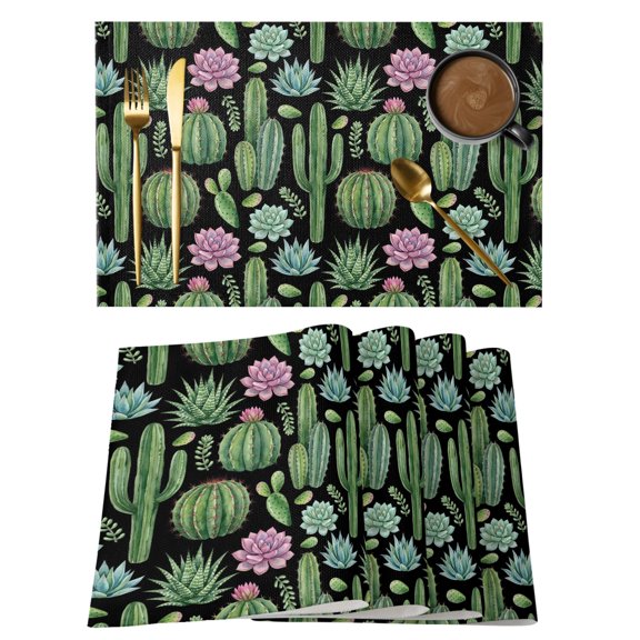 Summer Botanical Placemats Set of 6, Tropical Saguaro Opuntia Green Cactus Black Non-Slip Place Mats Washable Table Mats for Kitchen Dining Table Decorations Indoor/Outdoor