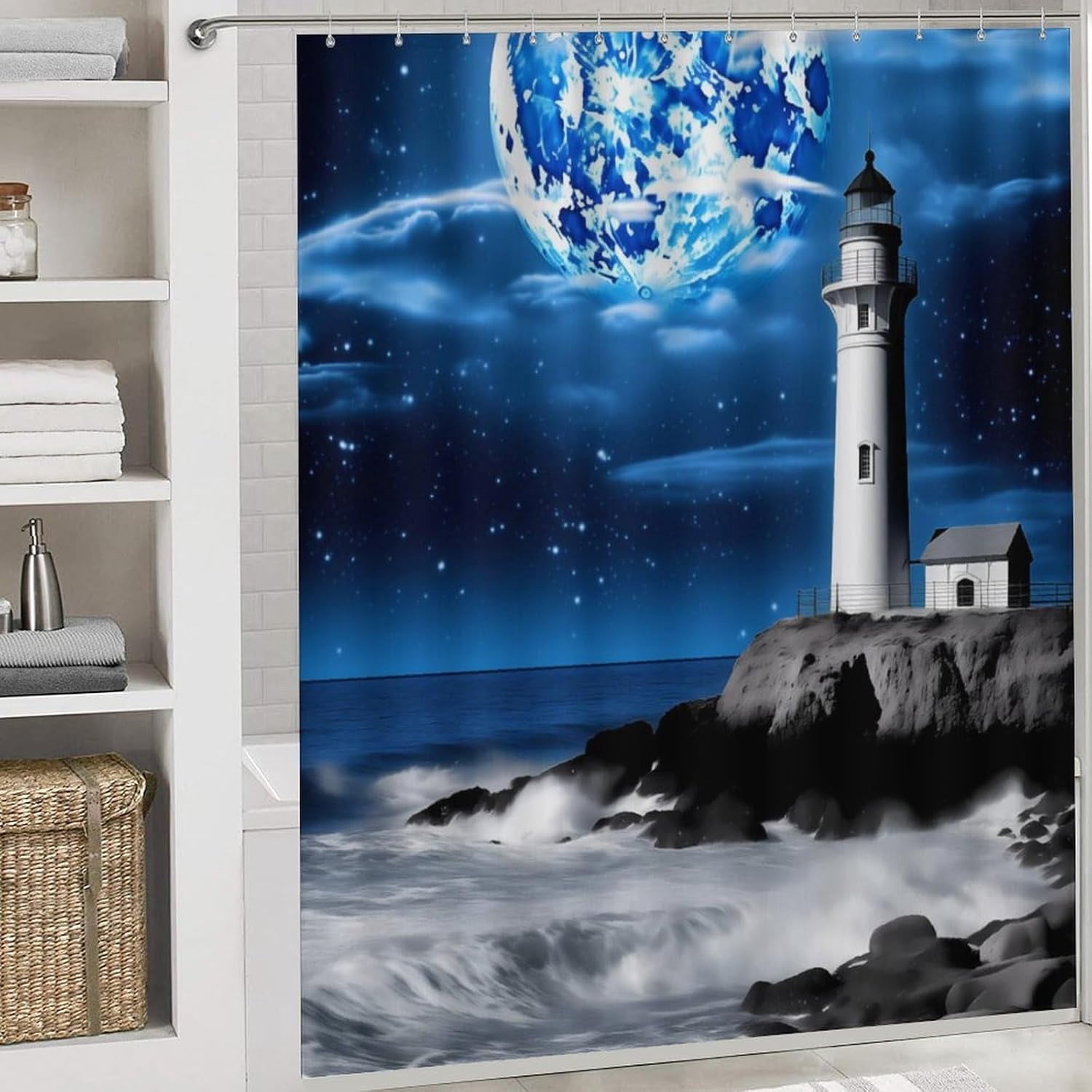4 Pcs Bathroom Shower Curtain Set,Bathroom Sets with Rugs (Bath Mat,U Shape and Toilet Lid Cover Mat), Lighthouse and Moon Bathroom Decor Set