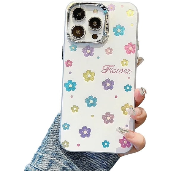 Designed for iPhone Case,Cute Flower Pattern(Electroplated Lens Protector Side Button) Shockproof Protective Cover Phone Case (iPhone 12 Pro Max,White)