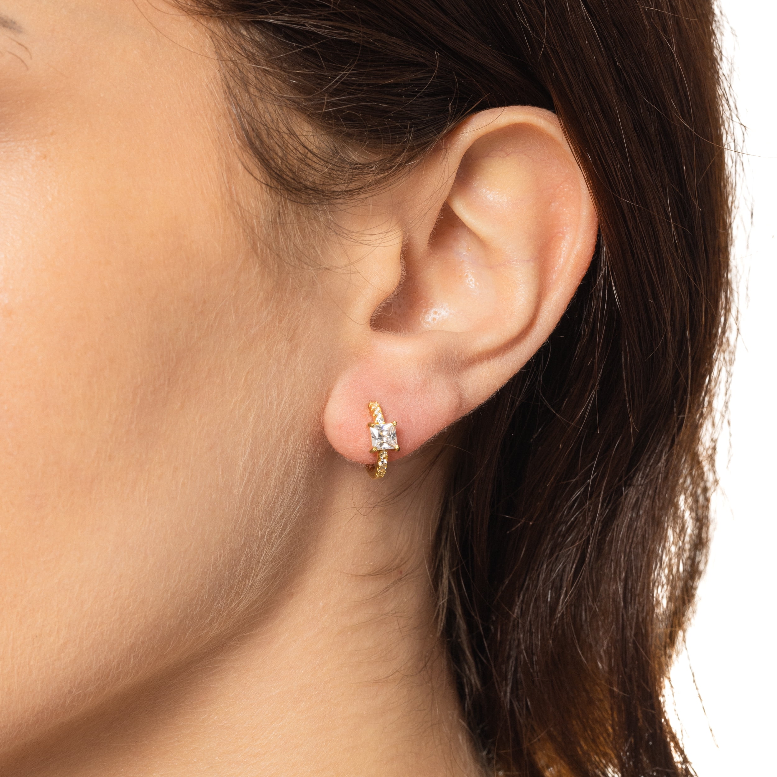 Brilliance Fine Jewelry Women's Simulated Diamond Earring Set with Baguette Hoop in 14KT Gold Plated Sterling Silver