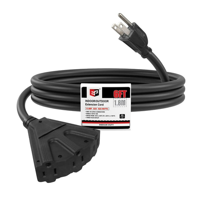 Cable de alimentación EP de 1,8 m para exteriores, 3 salidas, 125 V, 13 A, negro