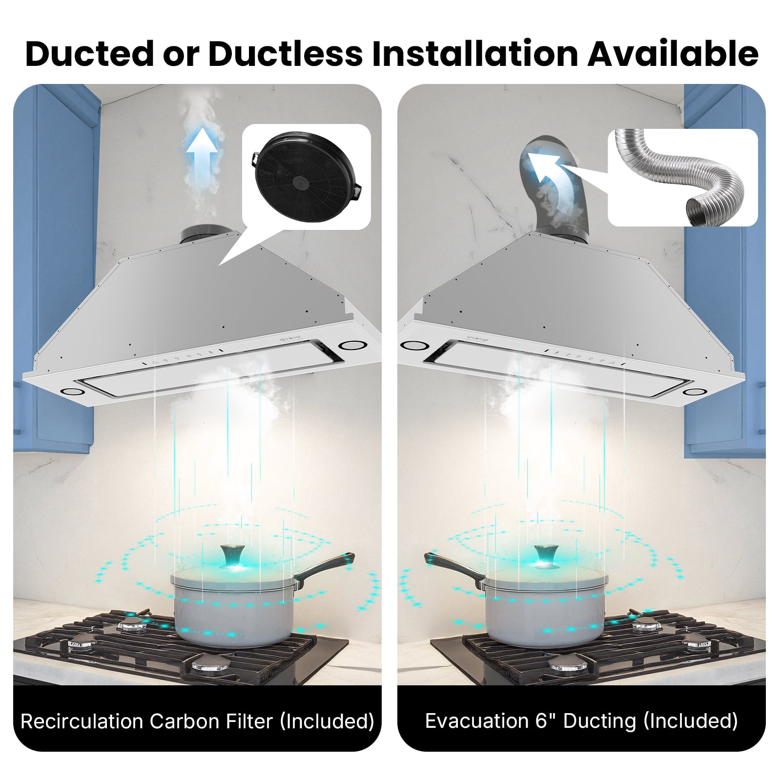 VIKIO 36 inch Insert Range Hood 900CFM, Convertible Ducted to Ductless Exhaust Fan, Carbon Filter, Touch Panel, Stainless Steel
