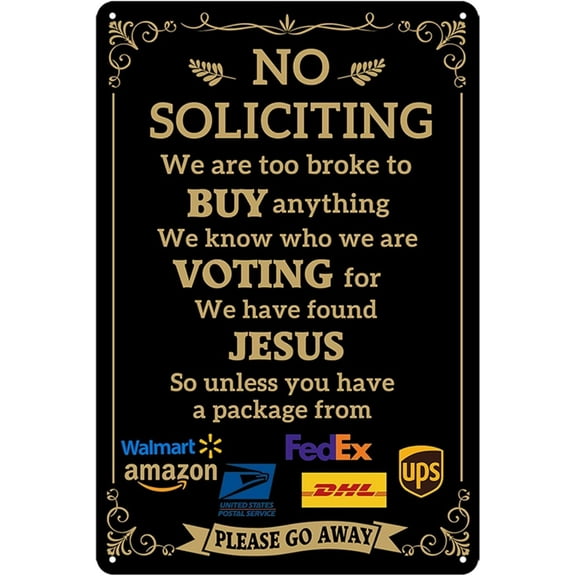 8 x 12 in Metal Tin Sign - No Soliciting Sign for House, Funny Metal Aluminum Sign for Front Door, Yard, Bedroom, Home 8x12 Inch